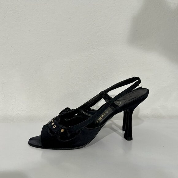 Chanel 02A Black Satin Open-Toe Slingback Heels with Gold Logo Buckle - Picture 3 of 9